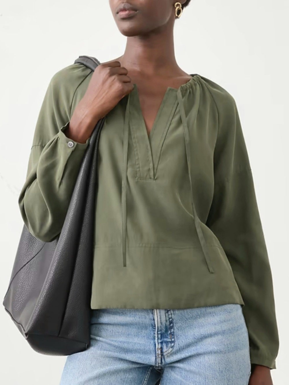 Banana Republic Olive Green Twill Shirred Popover Shirt XS NWT